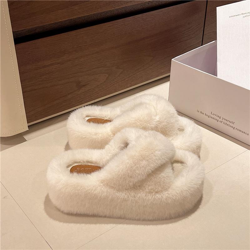 6Cm Thick-bottomed Crossed Fluffy Slippers Women's 2025 Autumn and Winter New Korean Version Fashionable Versatile Warm Plush Cotton Mop