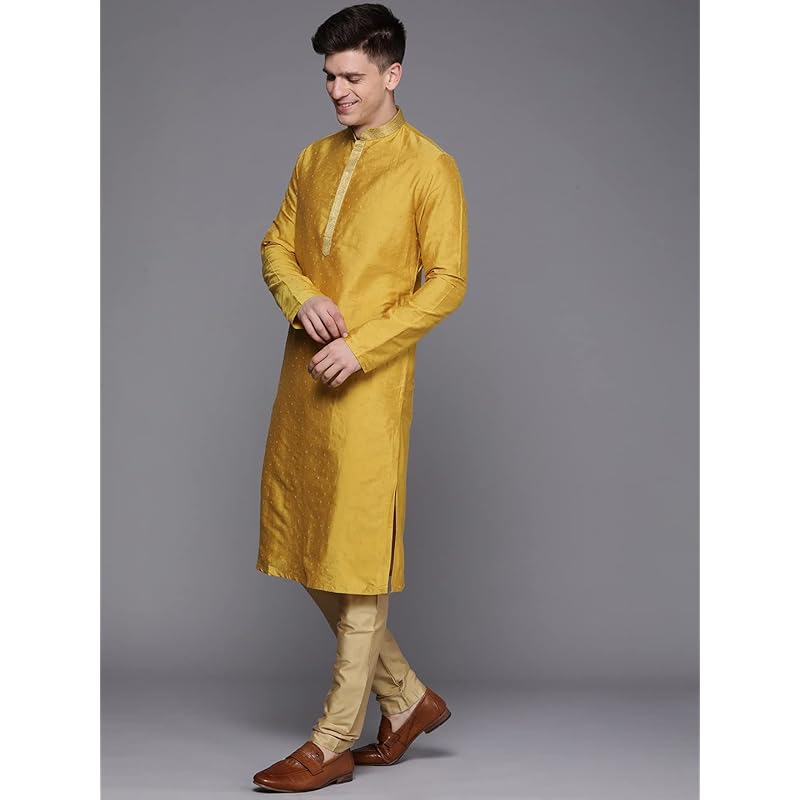 Manyavar Kurta Set for Men, Printed Knee Long Full Sleeves Kurta and Churidar Set for Men (Mustard, L) L жёлтый