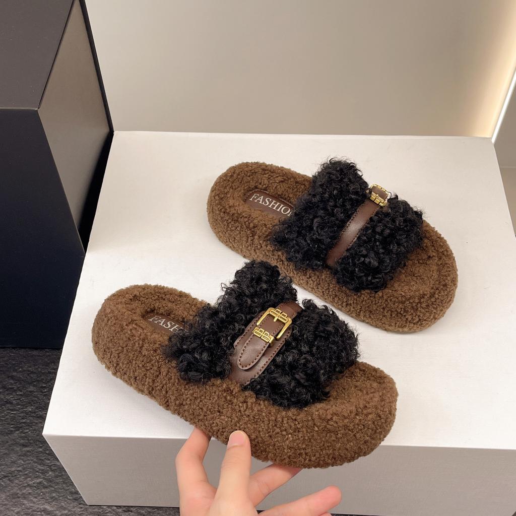 Mao Mao shoes increase in height, autumn and winter classic new models are beautiful, one-word thick-soled Mao Mao slippers women's cotton tows
