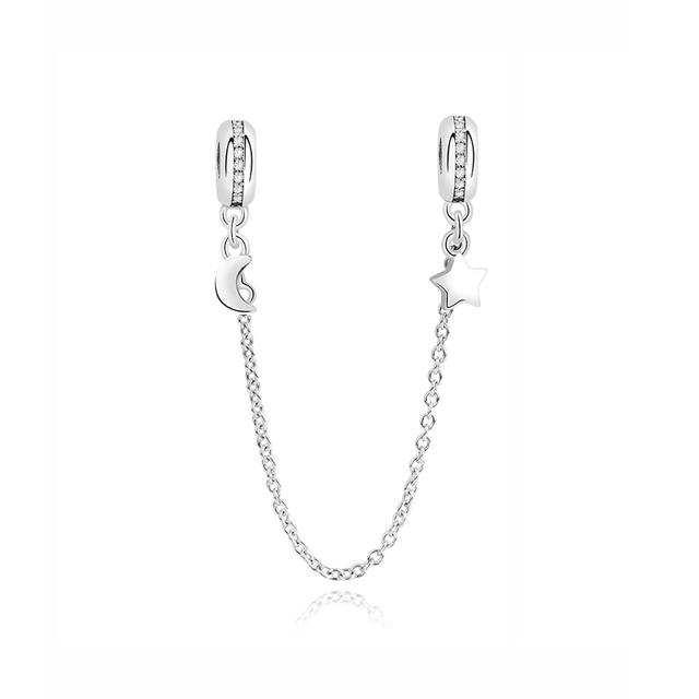 Original 100% 925 Sterling Silver Bead Charm Safety Chain Charms Crystals Beads Fit Bracelets Women Fashion DIY Jewelry