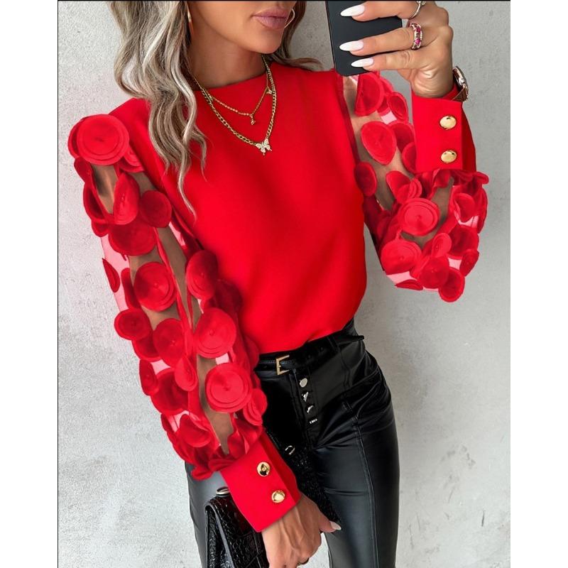 Women Fashion Long Sleeve Crew Neck Casual Color Block Shirt