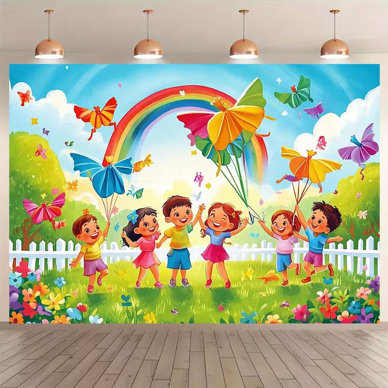 2D Summer Kids Backdrop, Happy Children Holding Butterfly Balloons In the Meadow Photography Background for Family & Kids Photos