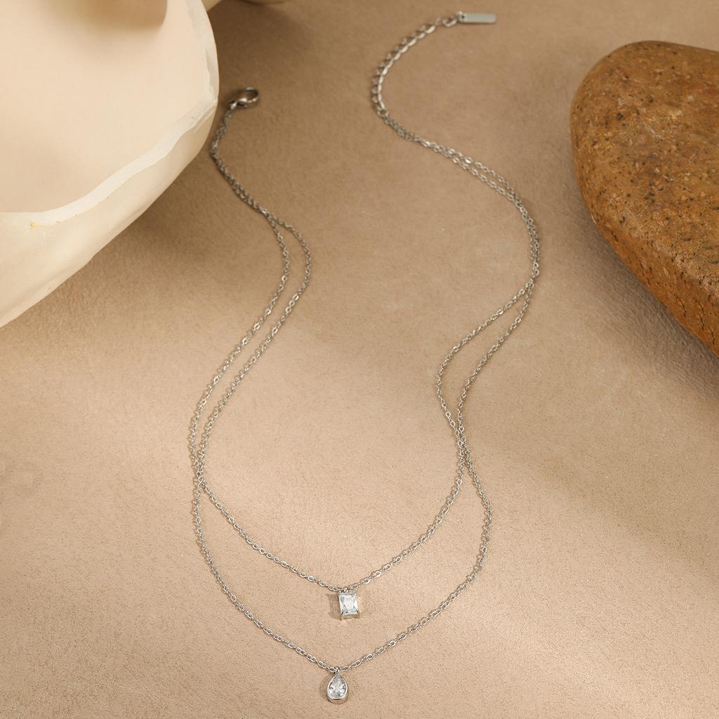 European and American Stainless Steel Necklace Inlaid with Square Water Droplets, Zircon, Titanium Steel Double-layer Stacked Collarbone Chain Jewelry