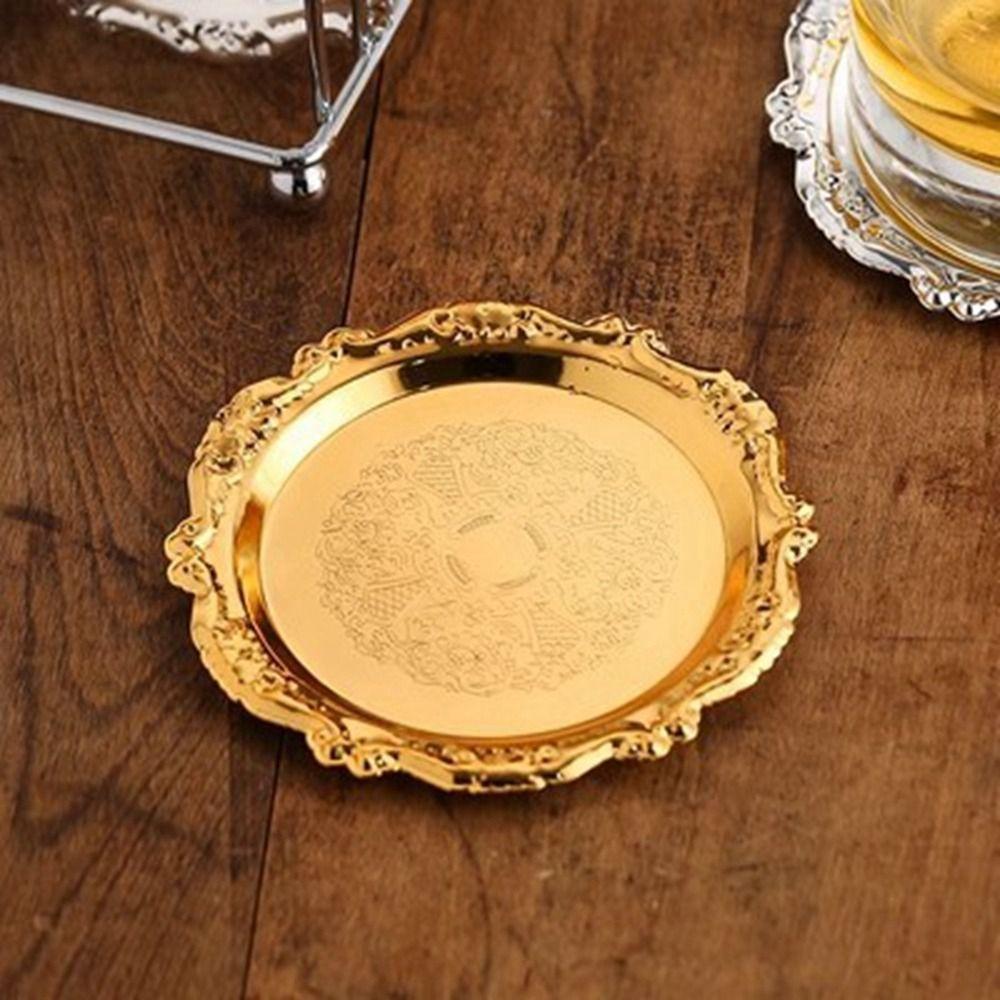 7 Pcs/set Carved Patterned Cup Mat Zinc Zinc Zinc Alloy Metal Cake Tray Vintage European Decor Racks  Snack