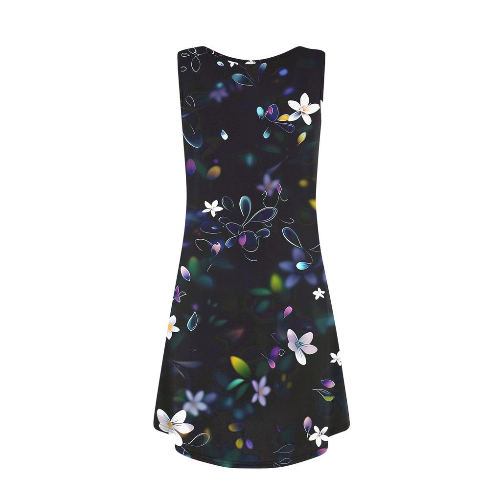 Damen Sommer Casual U-Ausschnitt Blumendruck Kleid Ärmelloses Kleid mit Taschen