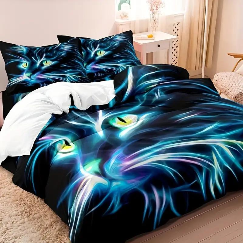 3D Cat Bedding Set Cute Animal Down Quilt Cover and Pillowcase Boys Teens Quilt Cover DE135 * 200 Full Size Luxury Soft Home Textile