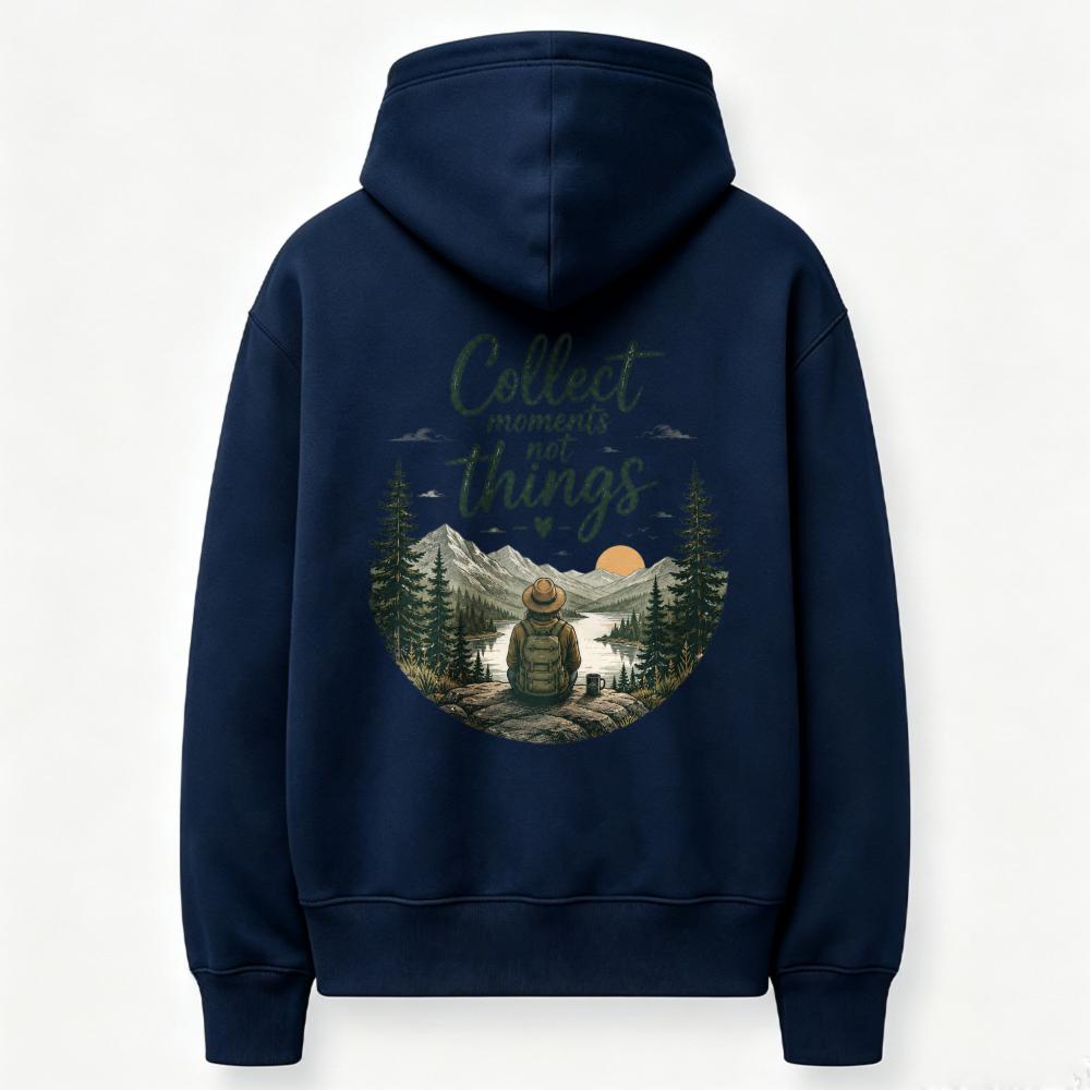 Unisex Collect Moments Not Things Hiker Mountain Lake Sunset Graphic Hoodie Back Print Sweatshirt Outdoor Camping Casual Hooded