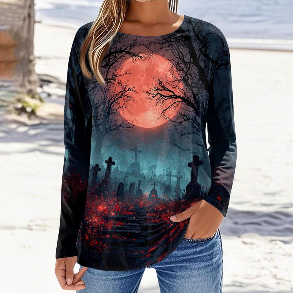 Women's Halloween Pullover Sweatshirt Long Sleeve Crewneck Top Casual Printed Lightweight Pullover Sweatshirt for Fall Seasonal Wear