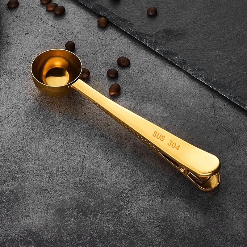 Stainless Steel Measuring Spoon Coffee Bean Spoon With Sealing Bag Clip Spice Milk Powder Scoop Baking Scale Spoon Kitchen Tool