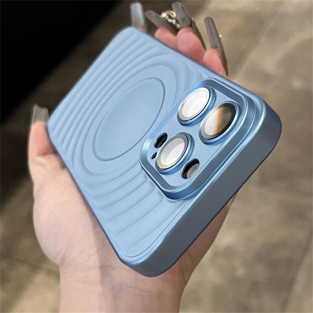 Luxury Wave Ripple Pattern Phone Case For iPhone 15 14 13 Pro Max Solid Color Lens Film Camera Protection Shockproof PC Cover