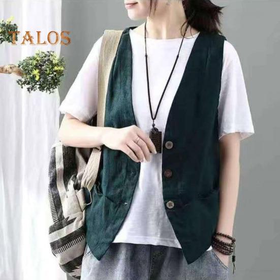 Lady Coat V Neck Single-breasted Sleeveless Solid Color Button Closure Retro Cardigan Waistcoat Daily Wear Casual Vest Top