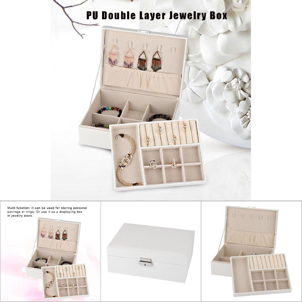 Double Layer Jewelry Earrings Rings Bracelet Necklace Box PU Organizer Storage (White)