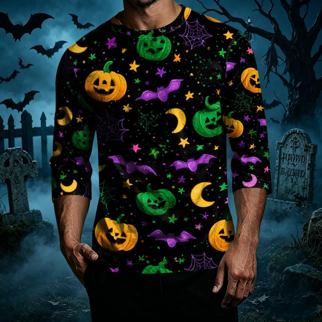 Men's Casual Halloween Printed Crew Neck T Shirt Three Quarter Sleeve Top Suitable for Seasonal Wear and Everyday Use