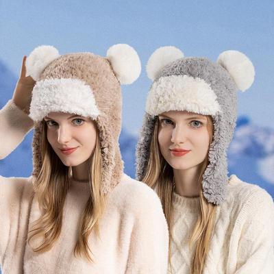 Gorro de Lei Feng de felpa para mujer, gorro con protección para los oídos, cálido y dulce, para ciclismo al aire libre, grueso, para otoño e invierno
