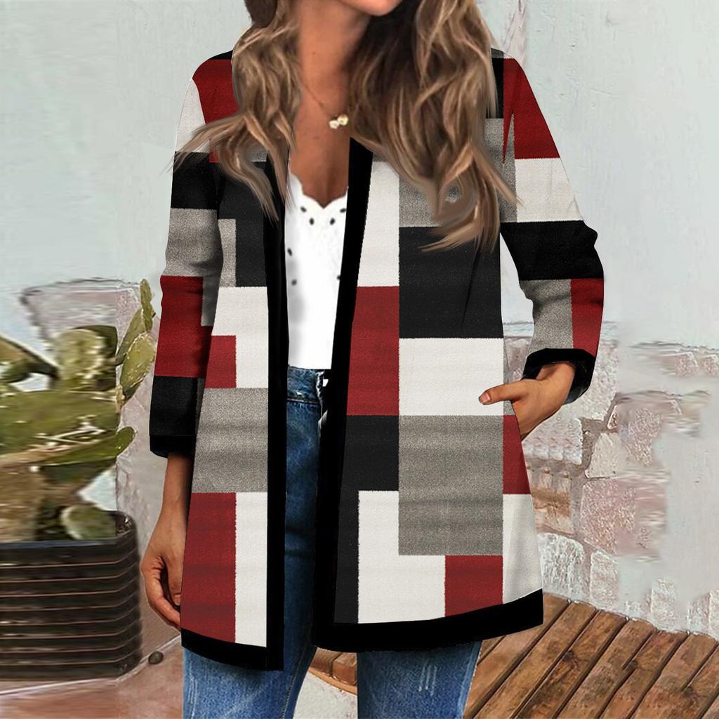 Langärmlige schwarze Patchwork-Strickjacke mit Convention-Print für Damen im Herbst- und Winterstil