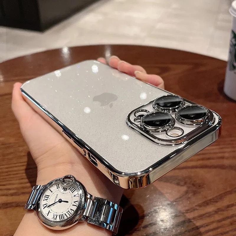 Glitter Transparent Hard PC Slim Case for iPhone 16 15 14 Pro Max Plus 13 12 11 Plating Clear Camera Protector Ultra Thin Cover