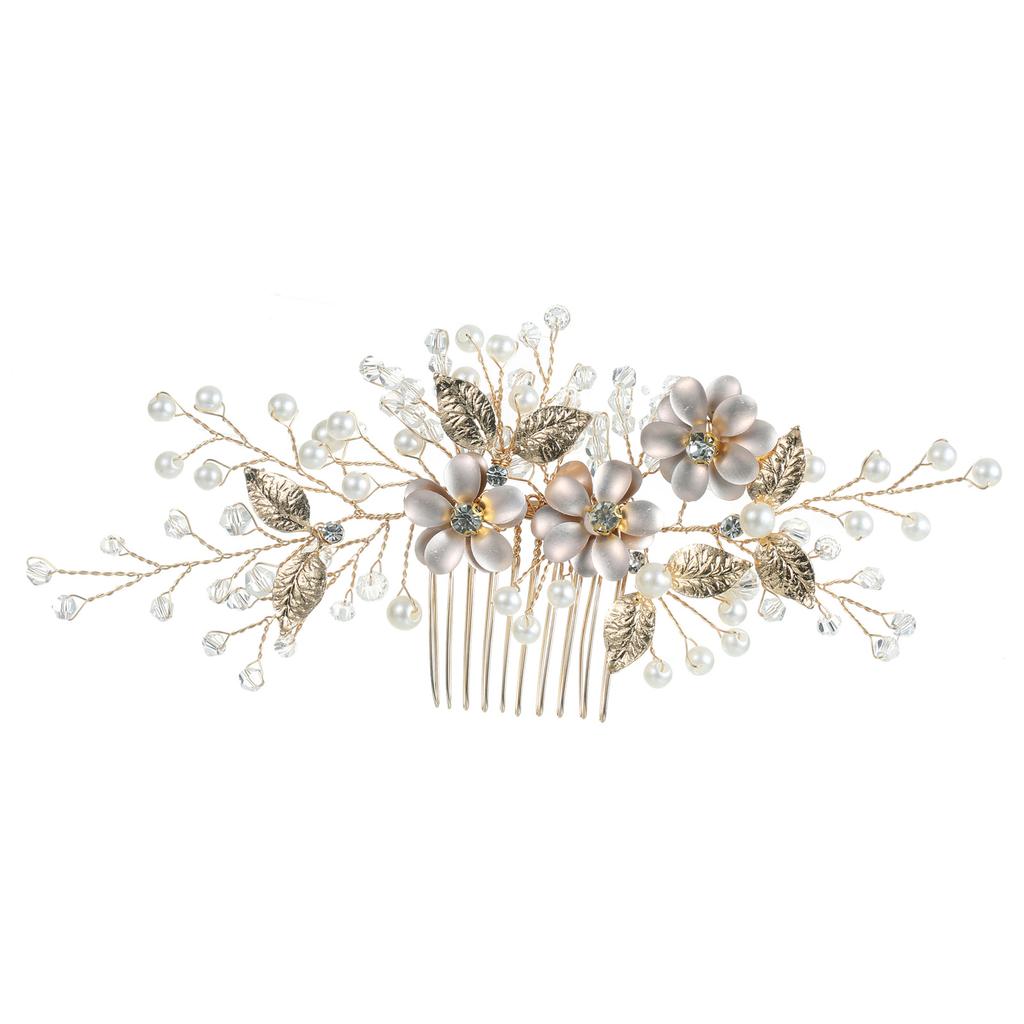 Europe and America Cross Border Special for Flower Golden Leaf Handmade Pearl Crystal Hair Comb Side Accessories