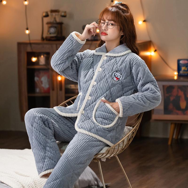 Pajamas women's winter thickened three-layer padded cotton and fleece to keep warm, large size can be worn outside coral fleece loungewear