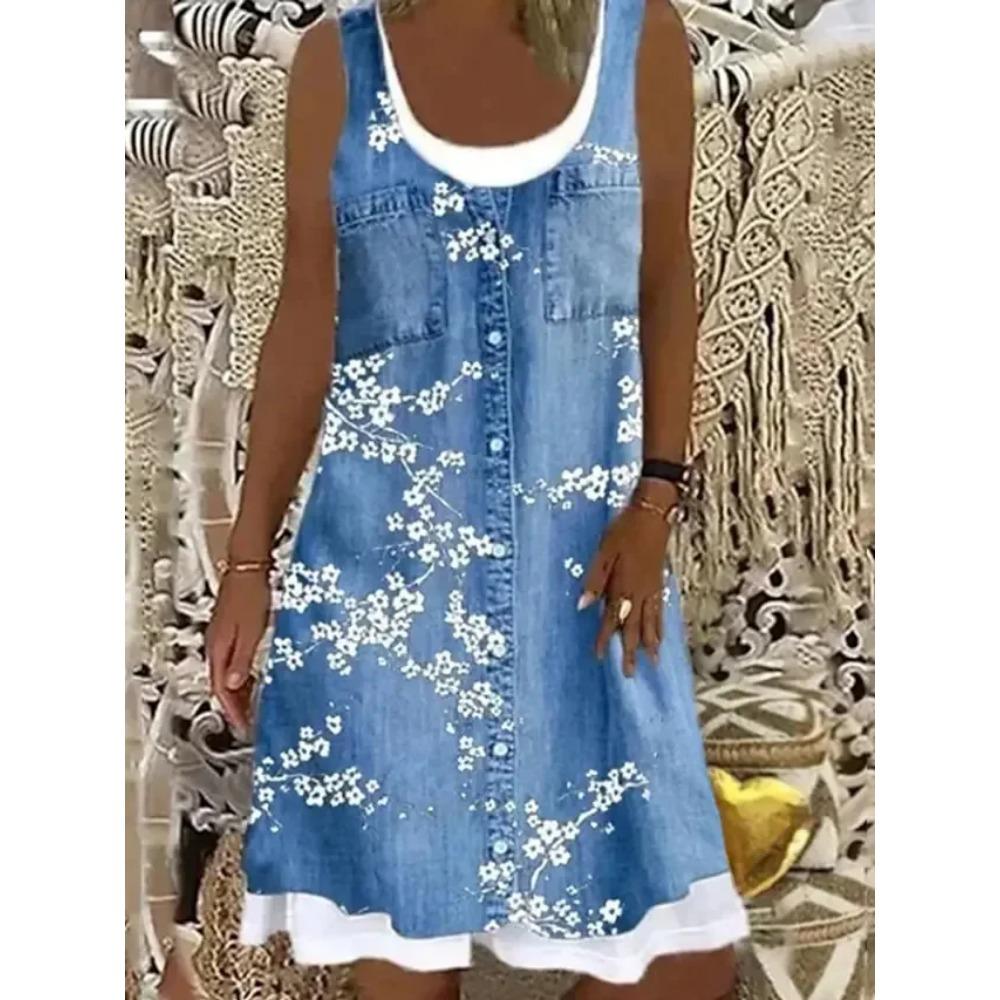 Nouvelle robe 2025 pour femme à impression numérique Fausse pièce deux pièces Imitation Jean Robe Décontractée Ample Col Rond Robe débardeur Femme Vestidos