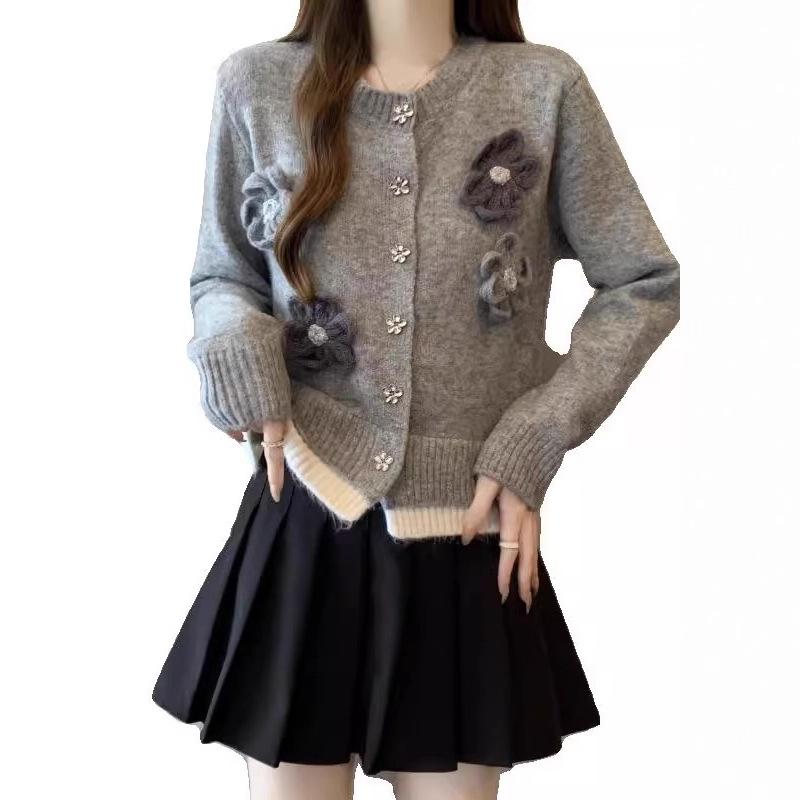 Gray Soft Waxy Knitted Cardigan Sweater Jacket Women's Design Sense Niche High Sense Temperament Top Small Short