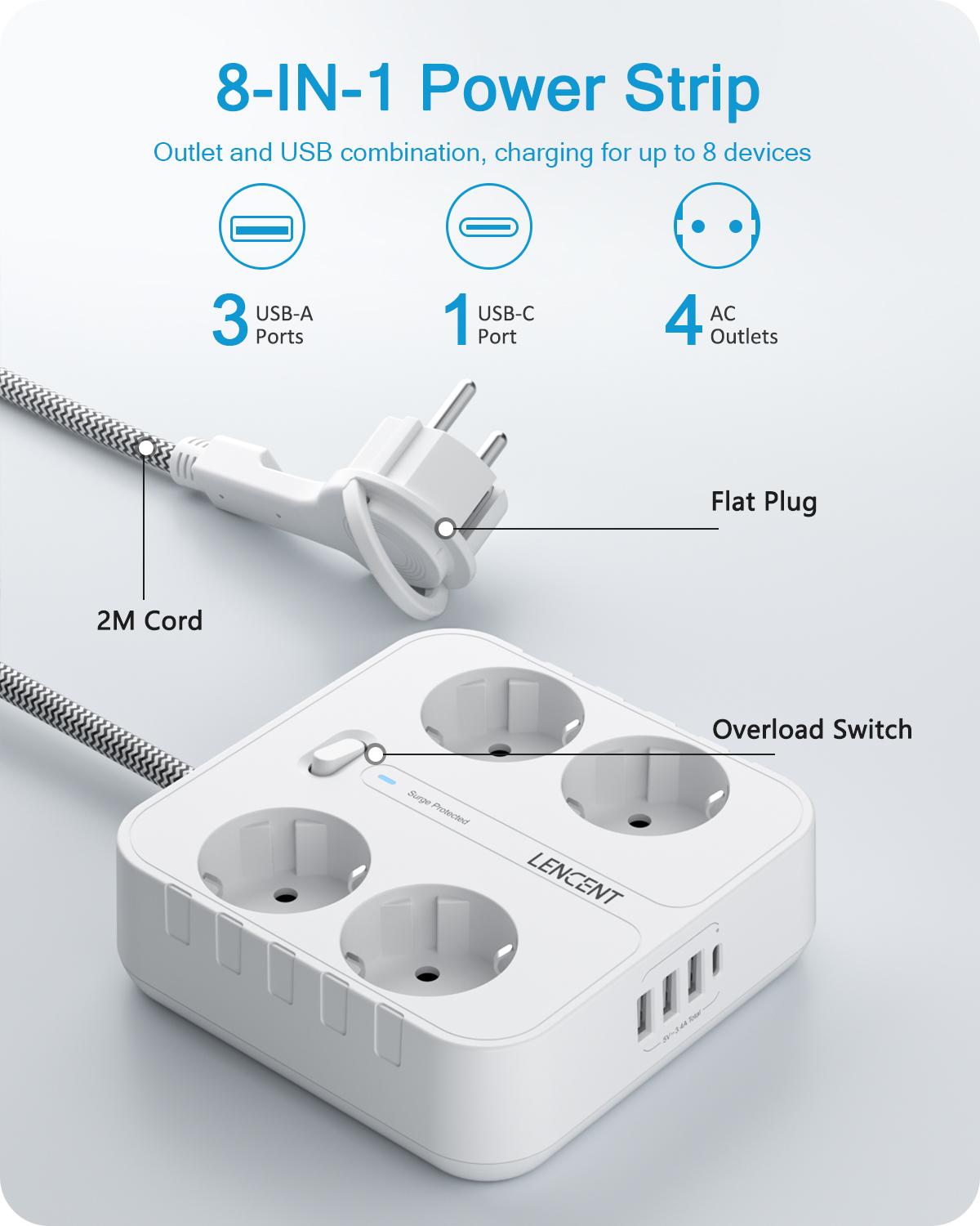 

LENCENT EU Plug Подовжувач живлення з 4 розетками змінного струму + 3 USB + 1 кабель типу C +2M/3M Multi Socket з вимикачем для дому/офісу EU Plug