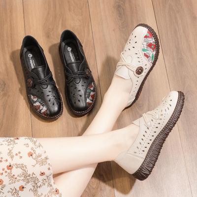 Comfortable Hollow Out Leather Sandals for Seniors - Soft Sole, Flat Bottom