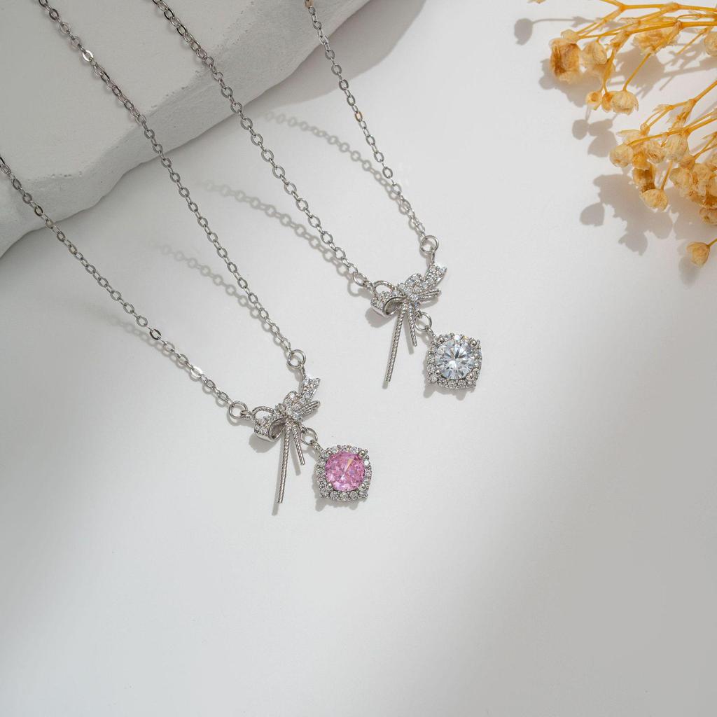 S925 Sterling Silver Zirconia Bow Necklace, Sweet Fairy Style Gift for Women.