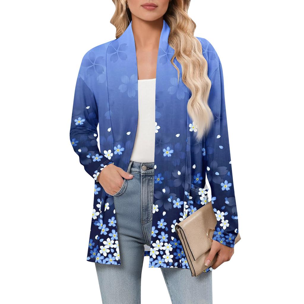 Women's Long Sleeve Cardigan V Neck Fashion Printed Shirt Lightweight  Casual Loose Thin Cardigans With Pockets