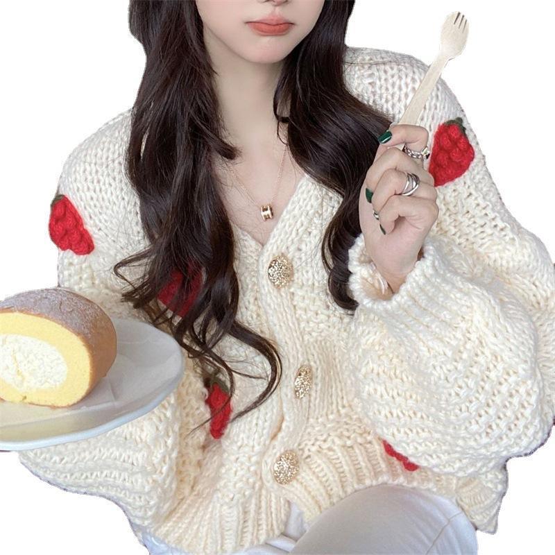 Cute gentle pink sweater cardigan women's spring and autumn sweet wind strawberry loose knitted jacket V-neck short top