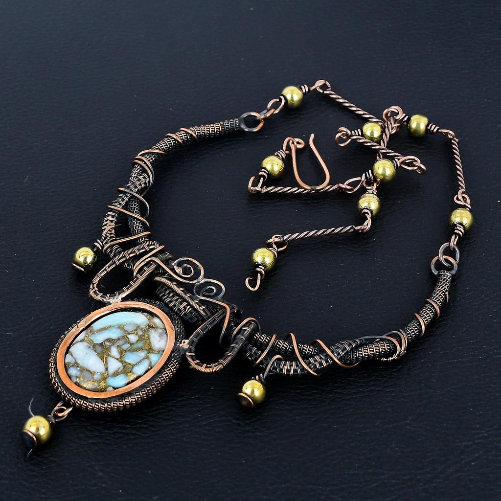 Copper Larimar Gemstone Necklace, 999 Copper Wire Wrapped Handmade Designer Necklace Jewelry, Adjustable Chain Necklace Gift For Women