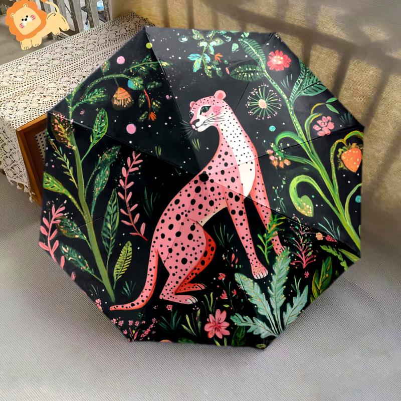 1 PC Automatic Folding Umbrella - Pink Leopard Pattern, Portable & Foldable Design with 8 Ribs, Christmas Birthday Gifts
