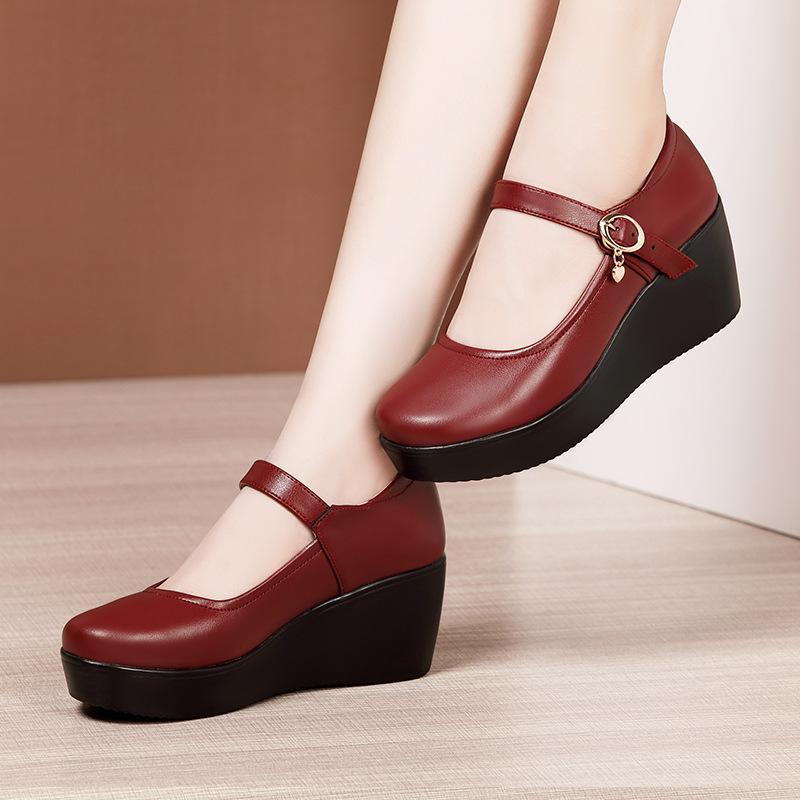 Genuine Leather Women's Shoes Girls' Shoes Fashion High Heels Pumps Wedges Black Comfortable Female Thick Bottom Platform Shoes