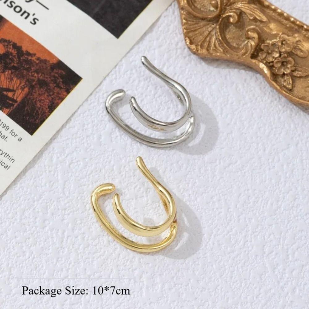 Korean Style Fake Piercing Earcuff Retro Design Classic Wide C Shape Faux Earrings Clip On Double Circle Design Earcuff Earrings
