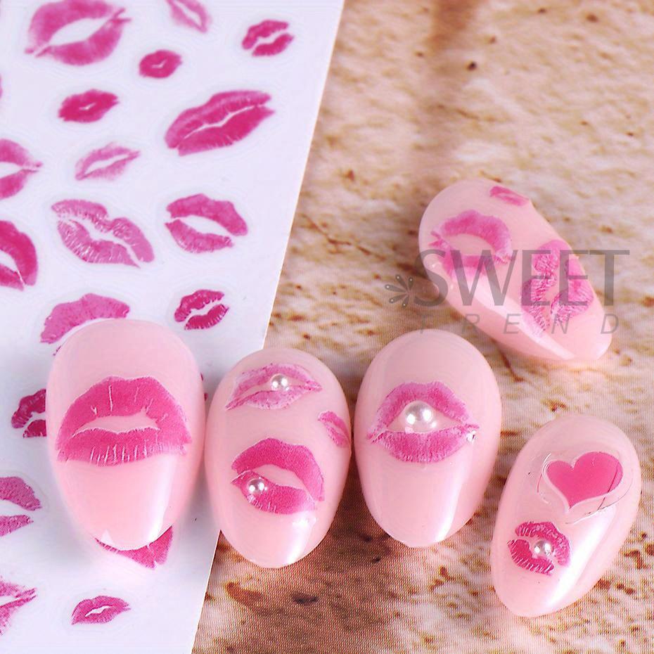 3D Sexy Lips Stickers Leopard Print Love Heart Letter Pink Rose Red Lips Valentines Manicure DIY Romantic Nail Decoration