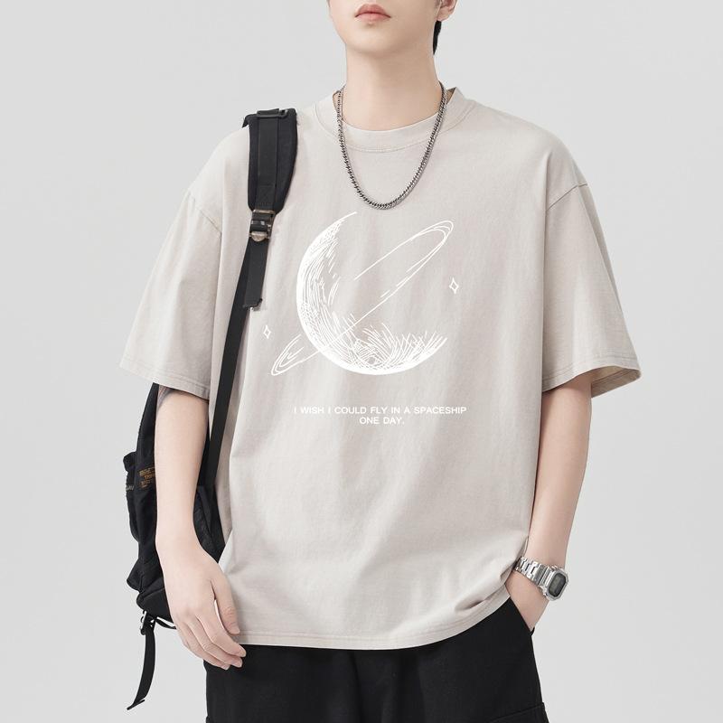 230g Ciężko Prana Wodą Smażona Płatek Śniegu Luźny Krój Bawełniany T-shirt Krótki Rękaw Cienki Drukowany Krótki T-shirt