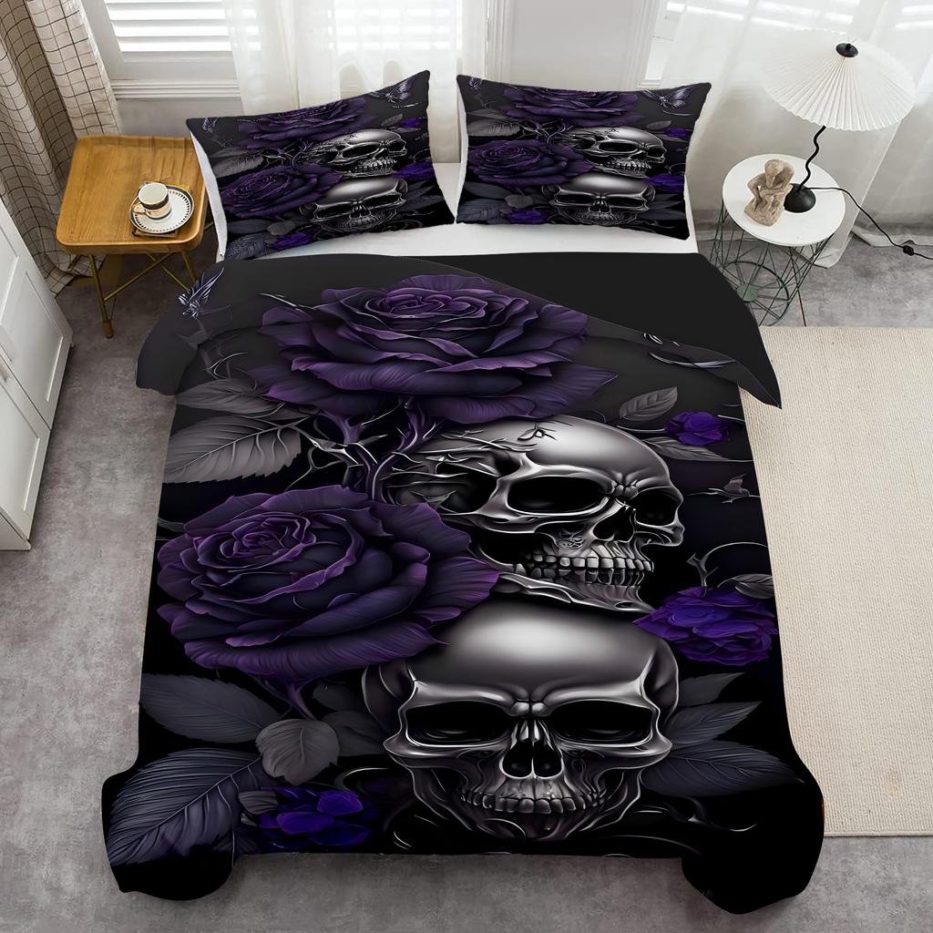 Skeleton Purple Rose Sea Print Duvet Cover Halloween Gothic Style Bedding Set Polyester Soft Comfortable Quilt Cover Pillowcases