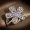 925 Silver Personality Exaggerated Aaa Zircon Rings For Women Luxury Cubic Zirconia Elegant Big Flower Engagement Bridal Ring