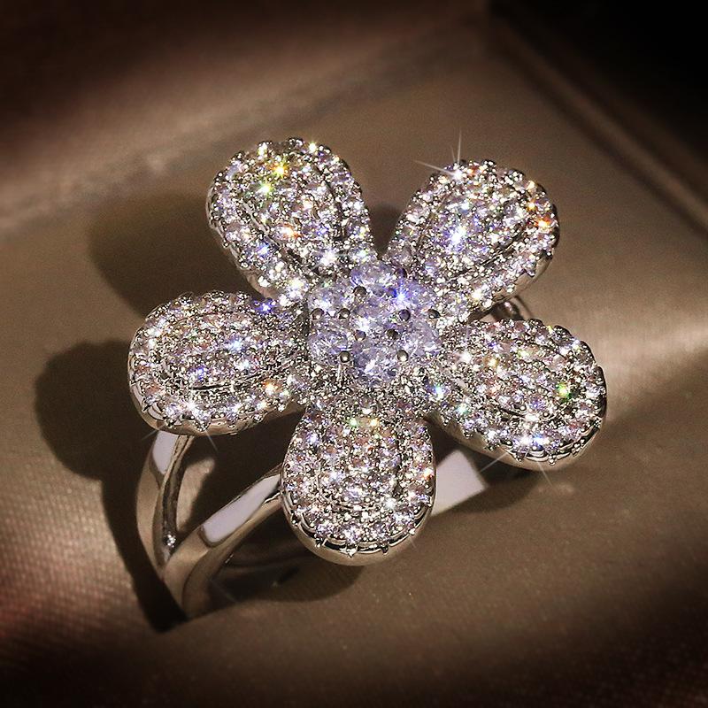925 Silver Personality Exaggerated Aaa Zircon Rings For Women Luxury Cubic Zirconia Elegant Big Flower Engagement Bridal Ring