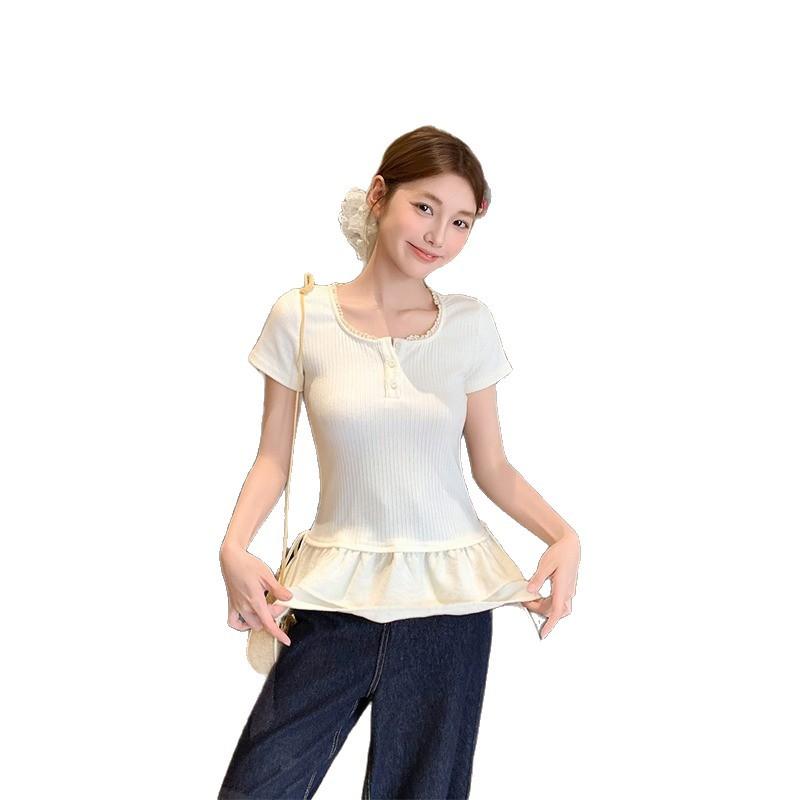 Summer lace splicing under the shoulder covering meat and thin top ins sweet versatile bottom short-sleeved T-shirt women