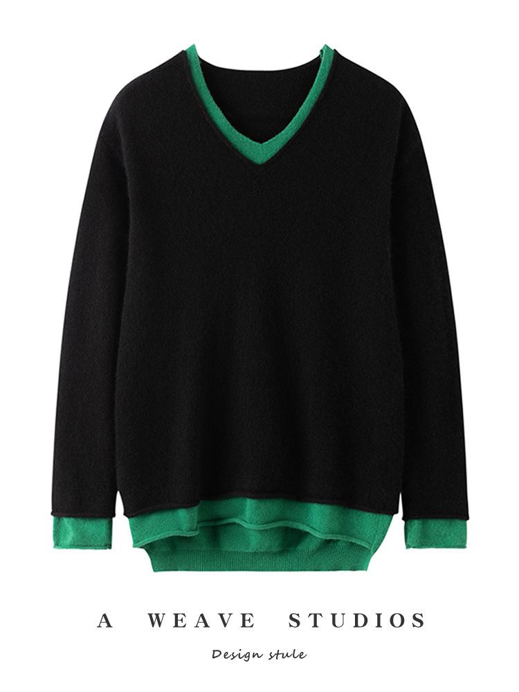 Korean Style V-Neck Color Block Cashmere Knit Women's Base Layer - Loose Fit & Slimming for Autumn/Winter