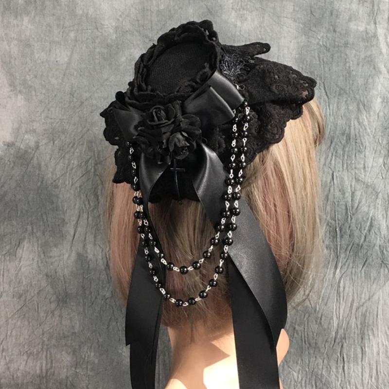 Lolita Ribbon Bows Beaded Pendant Bonnet Cap Headdress Gothic Flower Lace Mini Top Hat Headwear Cosplay Accessories