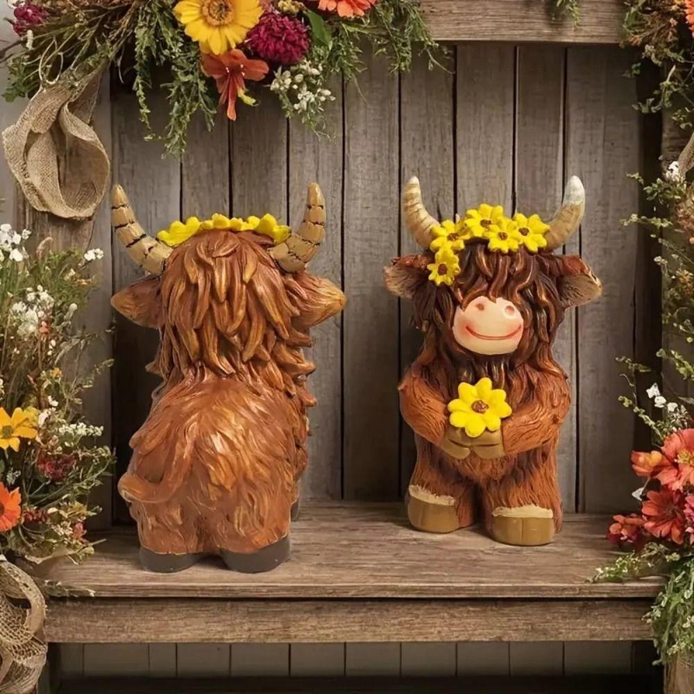 Decorative Highland Cow Statue Resin Animal Sculpture Ornament Home Decor Cow Figurine  Farmhouse