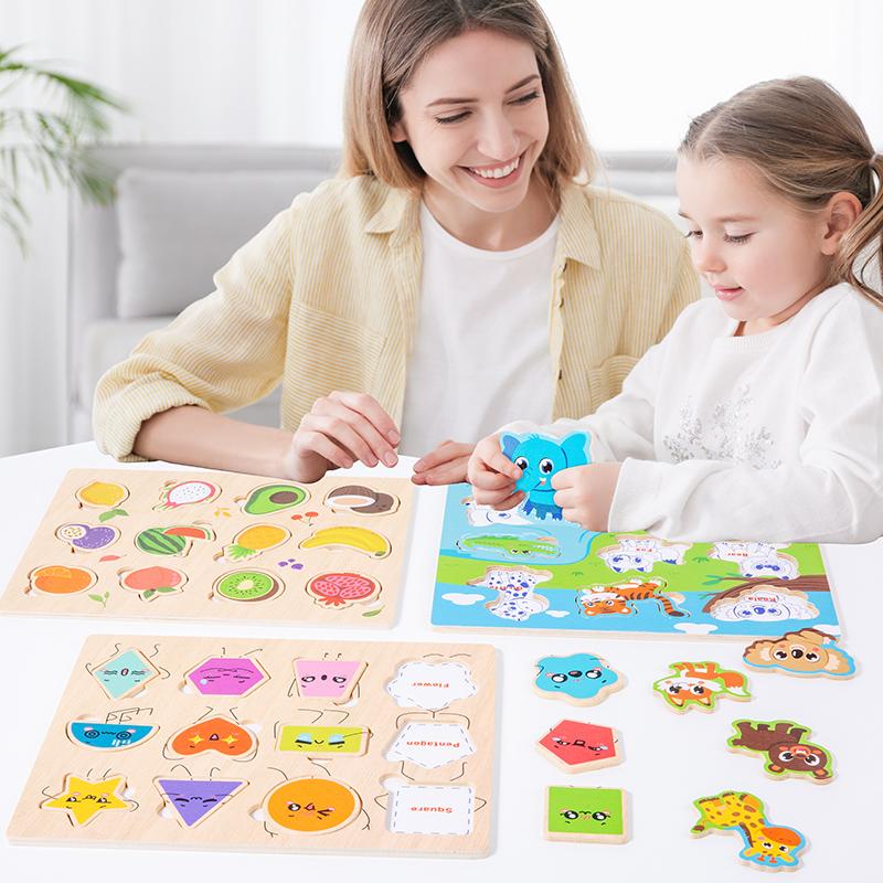 Montessori Wooden Puzzles Hand Grab Boards Toys Tangram Jigsaw Baby Educational Toy Cartoon Vehicle Animals Fruits for Kids Gift