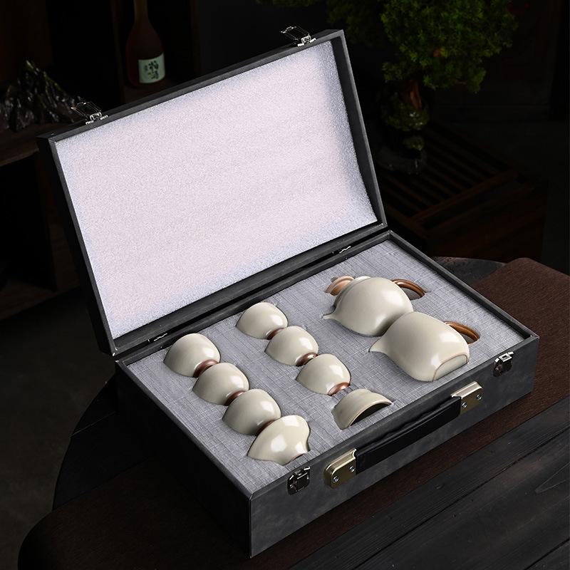 

Double-Line Beige Open Film Ru Kiln Kung Fu Tea Set Household Living Room Cover Bowl Tea Cup Commercial Company Solid Color Gift Box