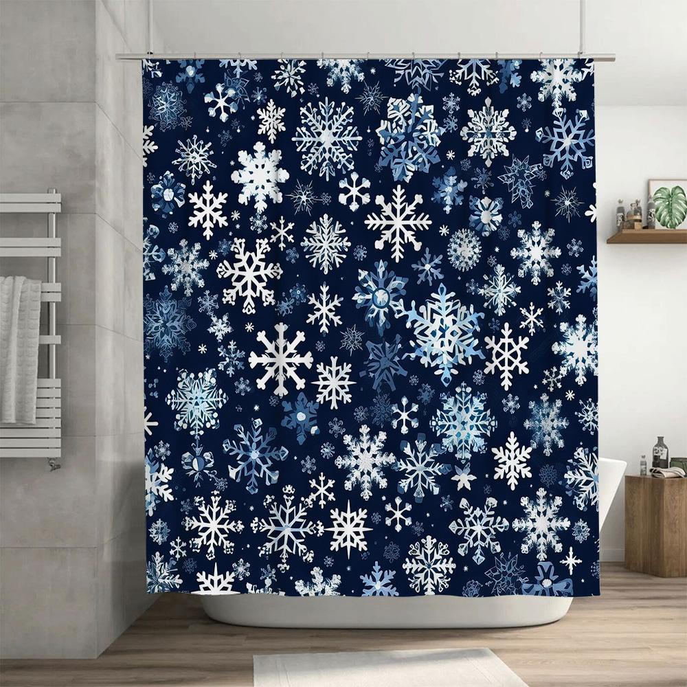 Winter Snowflake Shower Curtain Christmas Decor for Bathroom, Navy Blue with White Flakes 72x84 inches Waterproof Fabric 1 Piece