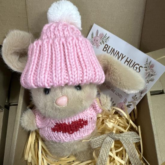 Mini-Häschen-Umarmung, Ostergeschenk, Plüsch-Kaninchenpuppe mit Strickmütze und Bommeltasche, emotionales Unterstützungstier mit Geschenkbox, inspirierende Karte