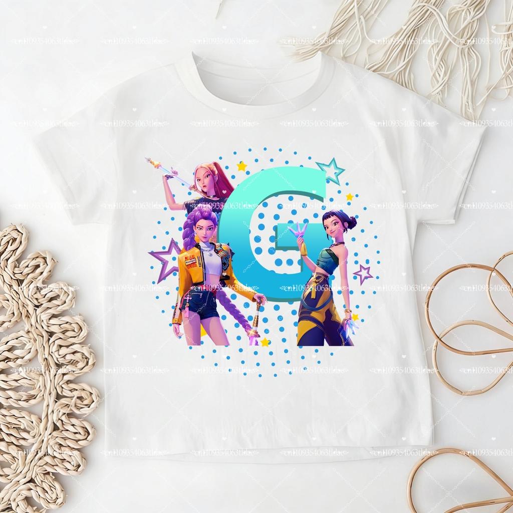 K-pop Demon Hunter Children's Cotton T-shirt for Girls - Sports Shirt - 2026 New Summer Short-Sleeved Casual Top - A-Z Letters