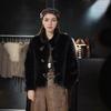 Womens Faux Fur Coat With Leather Trim Stand Collar Short Length Winter Outerwear In Beige Cocoa Black