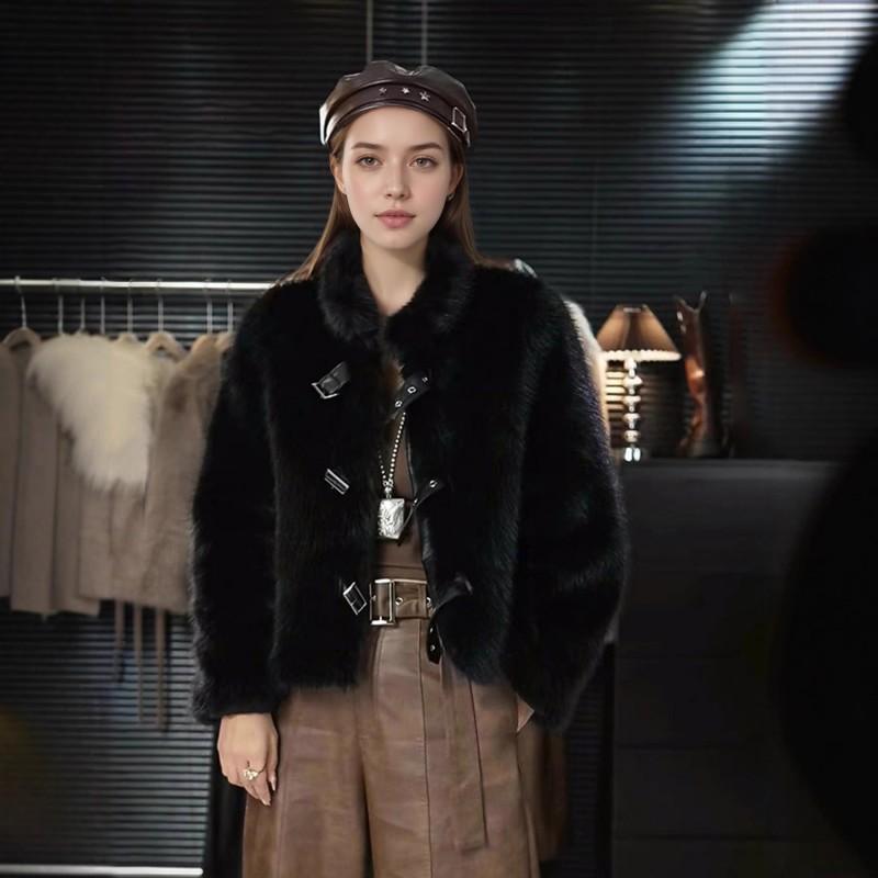 Womens Faux Fur Coat With Leather Trim Stand Collar Short Length Winter Outerwear In Beige Cocoa Black