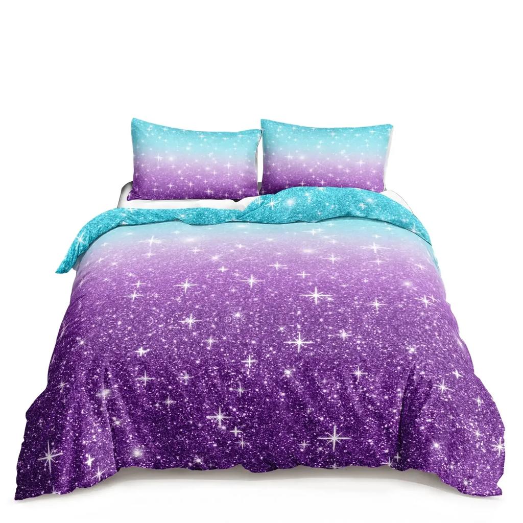 Comforter Kawaii Moon Starry Night Sky Blue Pink Purple Star Galaxy Bedding Sets Full Size For Boys Girls Comforter